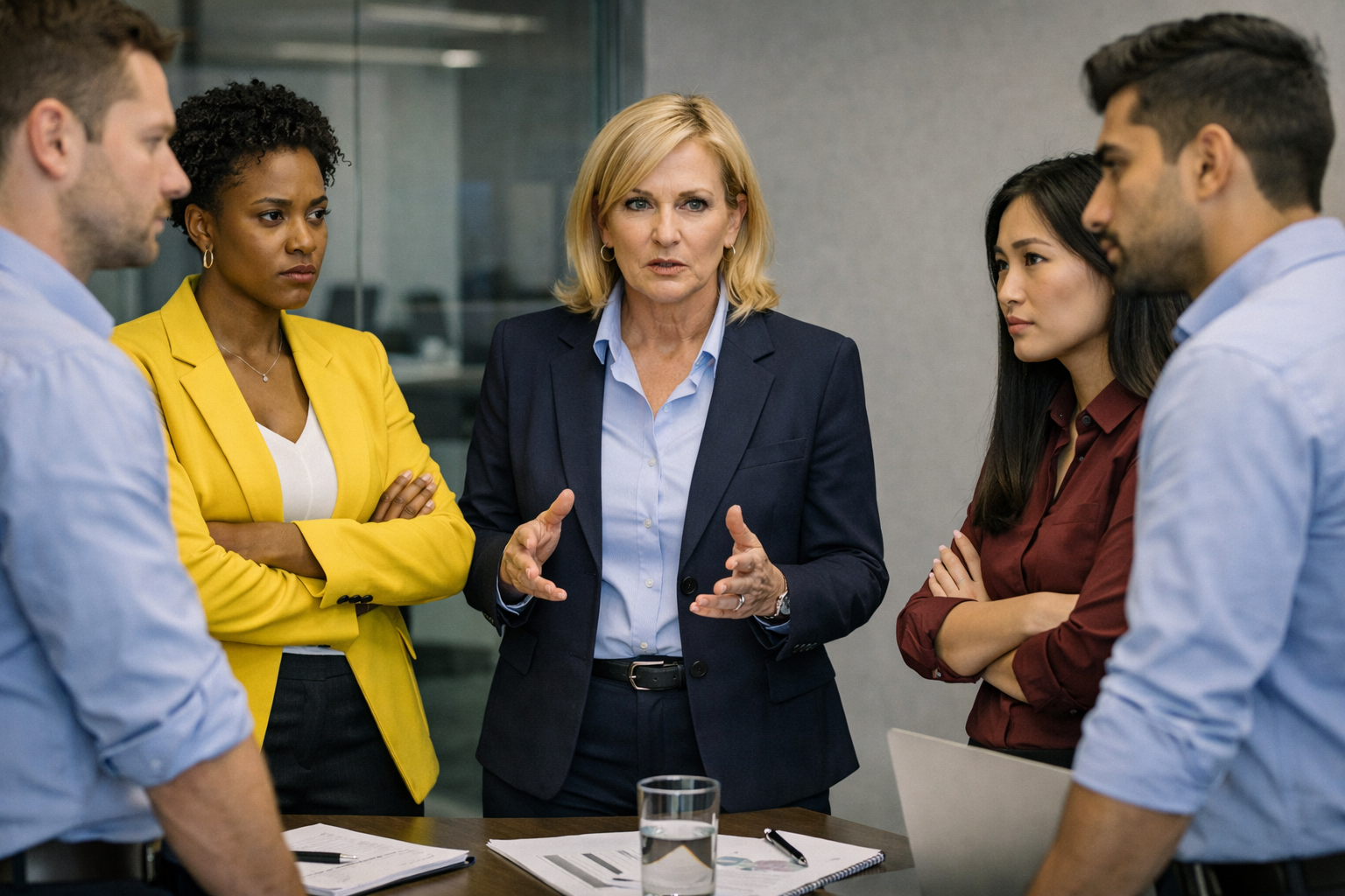 Besprechung Fünf Personen stehen um einen Tisch herum und führen ein ernstes Gespräch