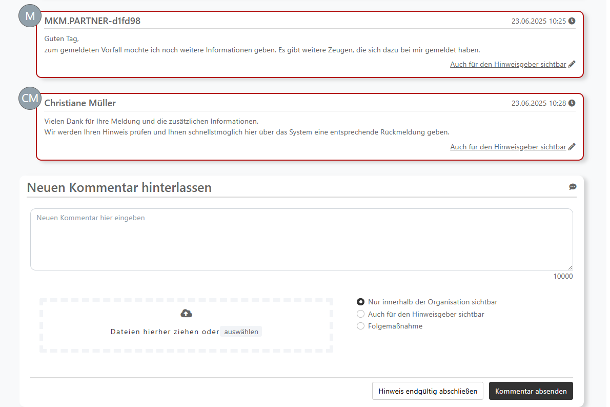 Screenshot Kommentare in White Sparrow Some comments with a red border are visible as well as an input field for another comment below them