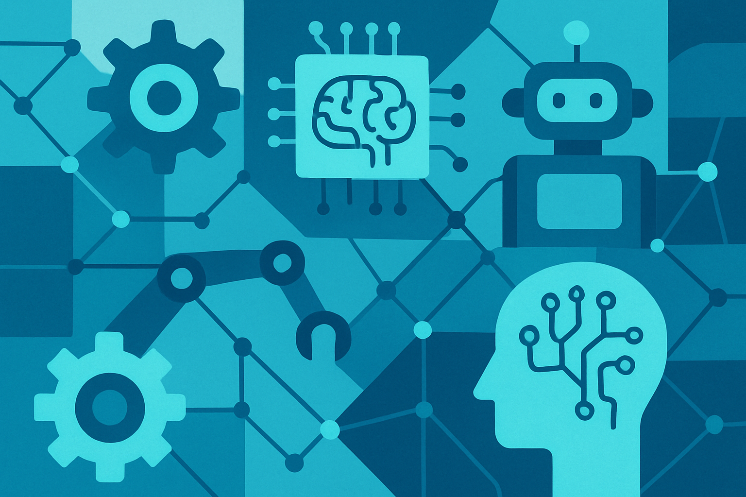 Maschinenbau Mechanical engineering and AI symbols in a network, e.g. gripper arm, robot
