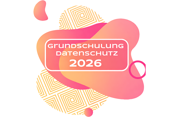 Bunte Elemente mit der Schrift "Grundschulung Datenschutz 2025"