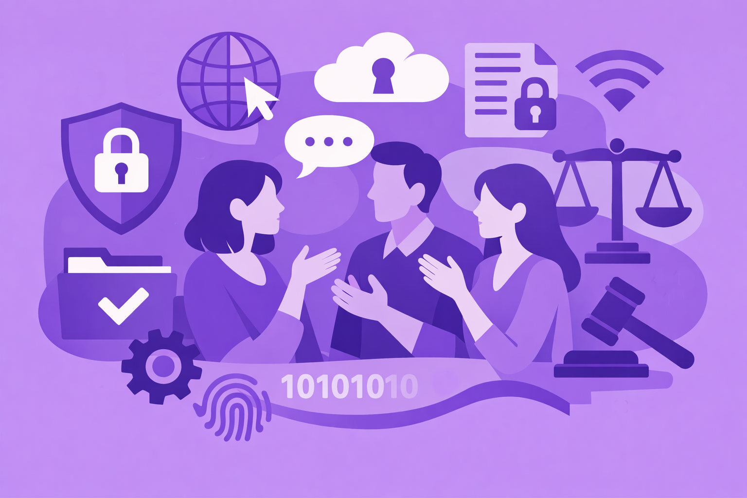 Datenschutzberatung Mehrere Personen im Gespräch, darum herum Elemente von Datenschutz und Recht