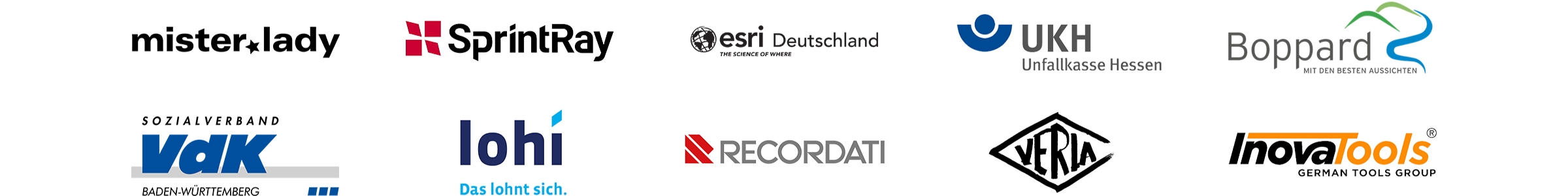 Referenzkunden White Sparrow Logos from various companies: Mister.Lady, UKH, Recordati, Verla, Boppard, VdK Baden-Württemberg, esri, lohi, SprintRay, Inova Tools