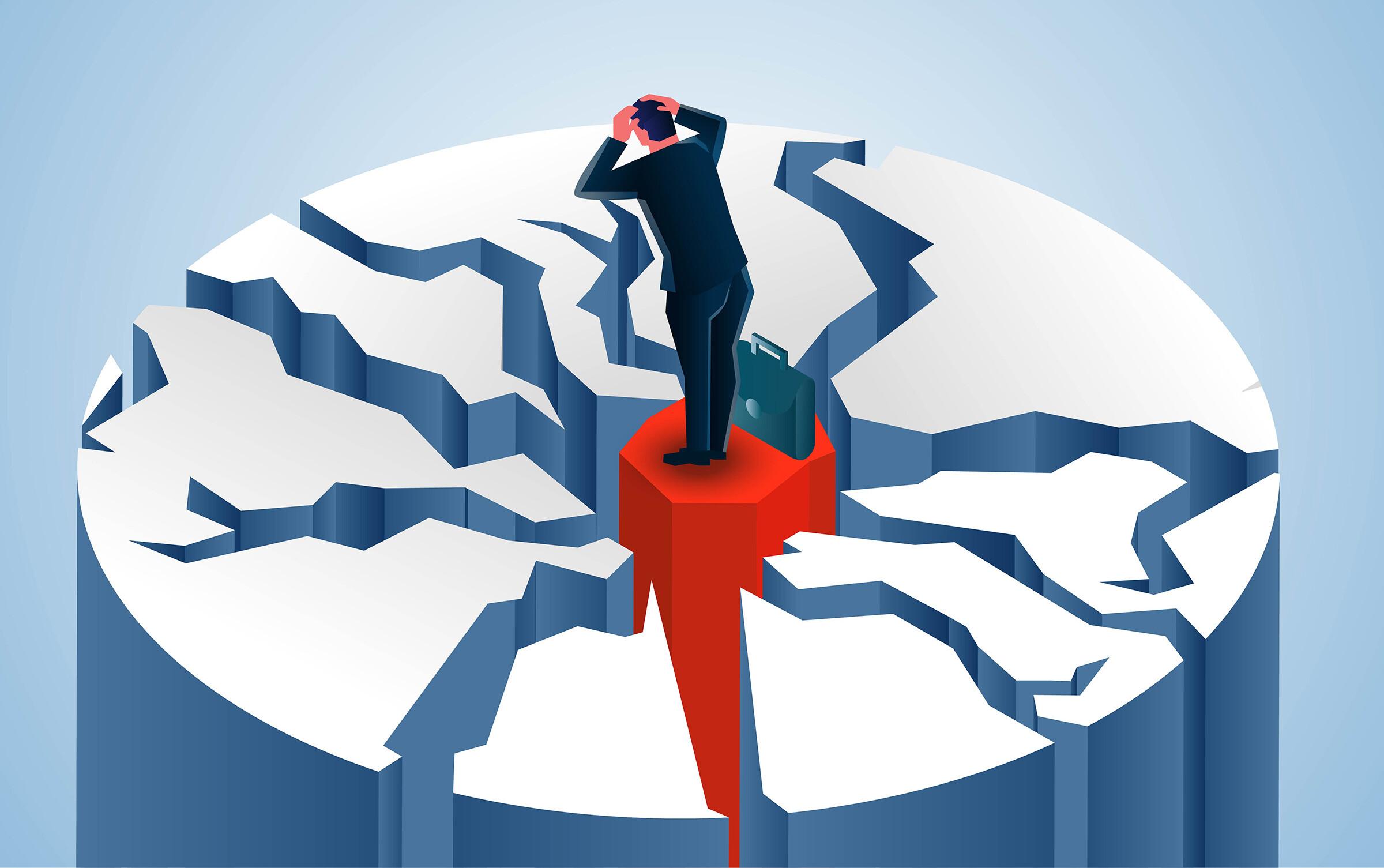 Krisenberatung Eine Person schlägt die Hände über dem Kopf zusammen, weil um sie herum alles auseinander bricht.