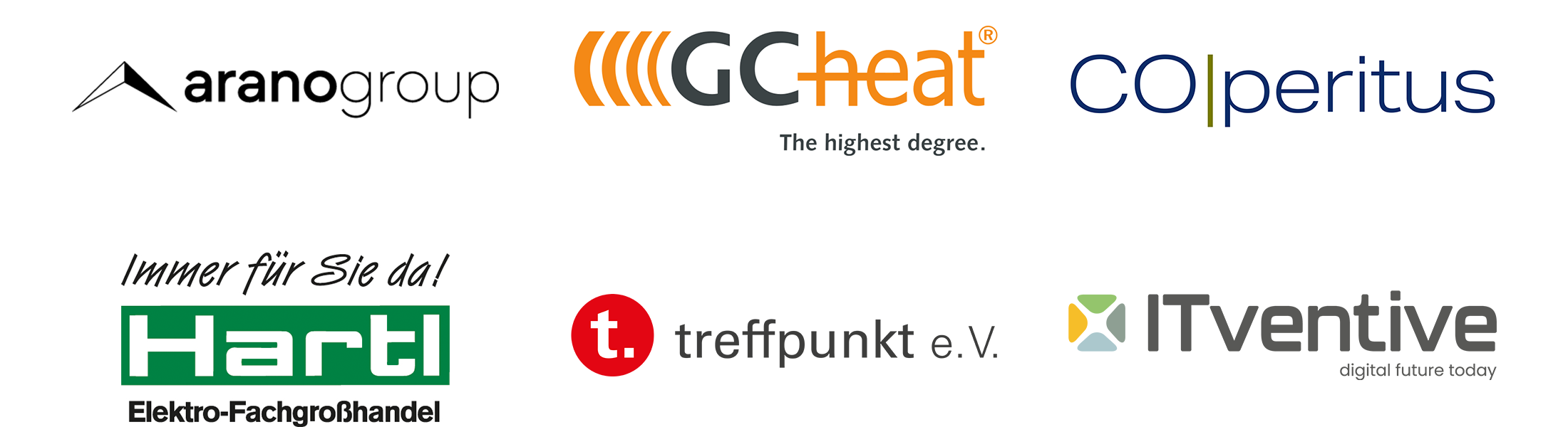 Referenzlogos der Firmen aranogroup, GC heat, Coperitus, Hartl Elektro-Großhandel, treffpunkt e.V., ITventive
