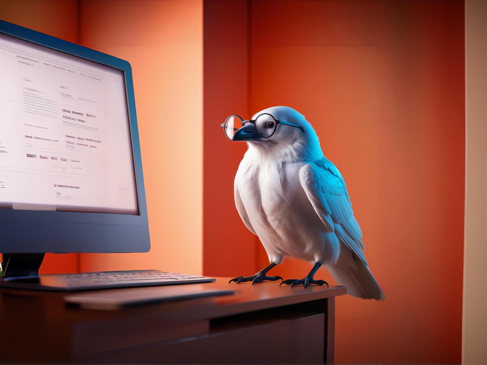 _weißer Rabe mit Lesebrille vor PC auf orange Hintergrund1.jpeg