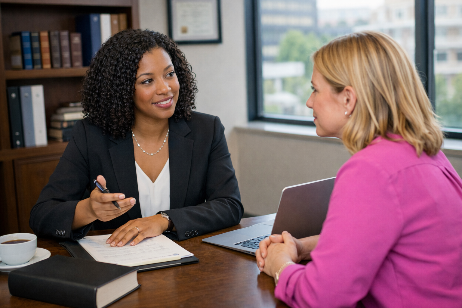 Beratung Arbeitsrecht Eine Frau mit Blazer sitzt gegenüber einer Frau mit einer Bluse in einem Büro mit einem Bücherregal. Auf dem Tisch steht ein Laptop, und die Frau im Blazer hat einen Stift in der Hand und eine Checkliste, die sie gerade mit der anderen Frau bespricht.