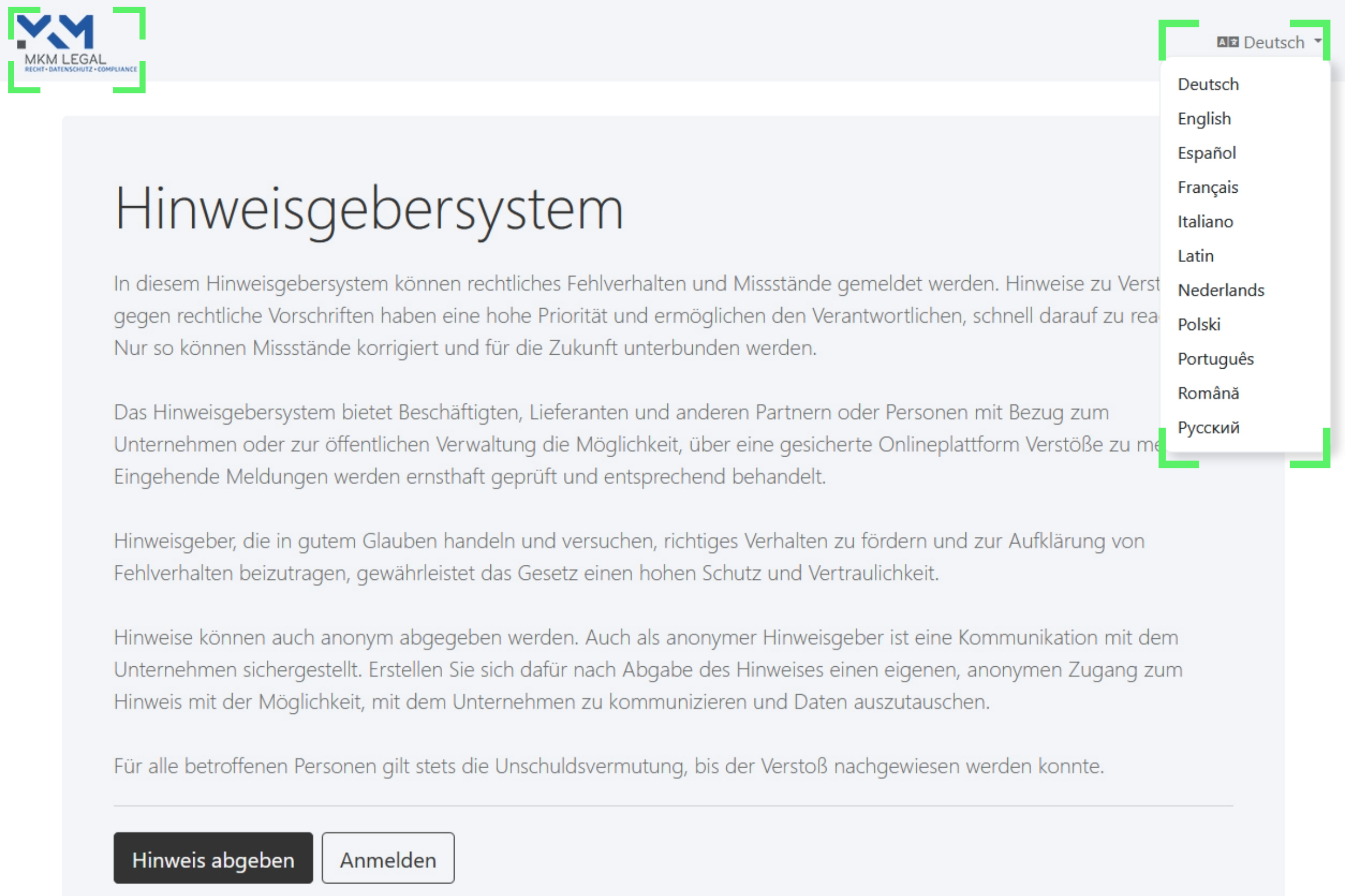 Screenshot Startseite Hinweisgebersystem Home page of the whistleblower platform with customisable text, customisable logo and language selection. Each user can also select their desired language.