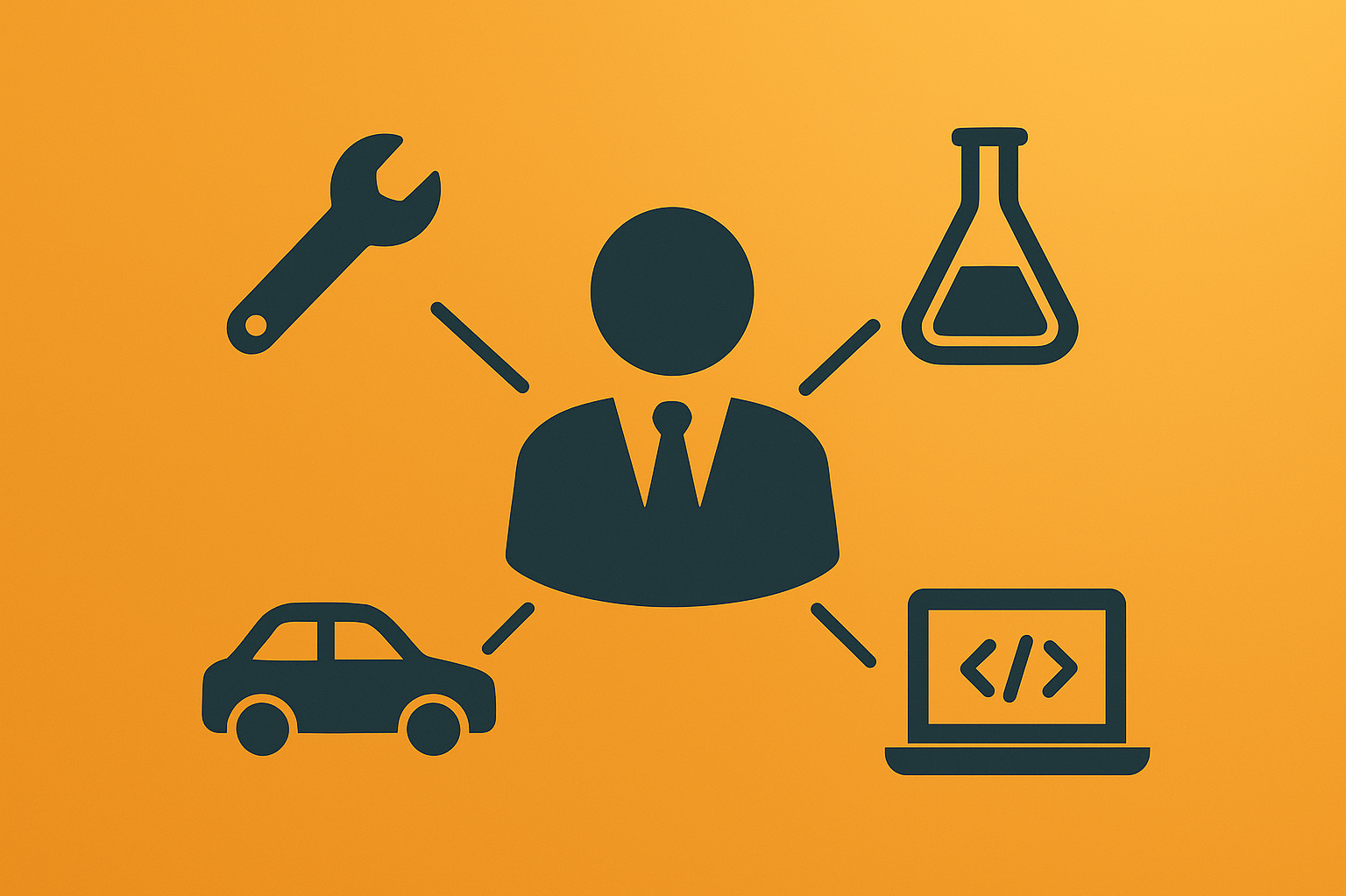 Branchenuebergreifende Beratung A person is associated with icons symbolising the crafts, pharmaceutical, automotive and software industries.