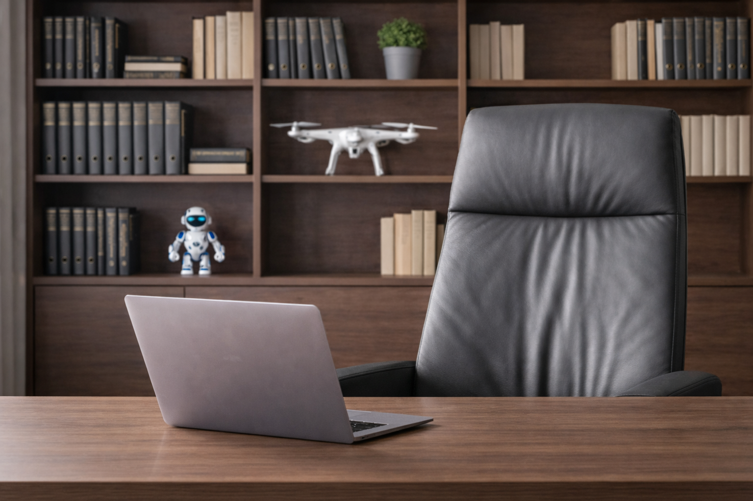 Rechtliche Beratung Schreibtisch mit Laptop, dahinter ein Bücherregal, das u.a. eine Drohne und einen Mini-Roboter enthält