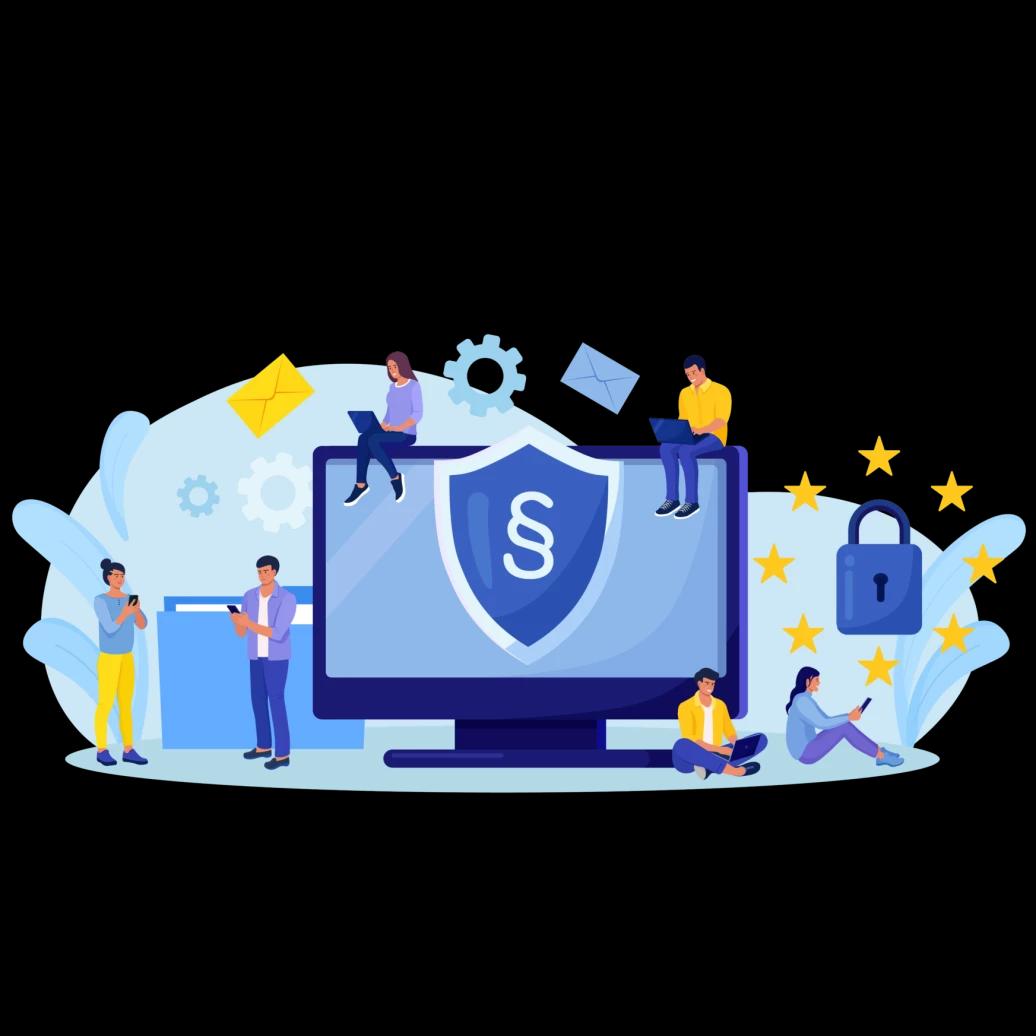 Illustration showing people gathered around a screen protected by a sign