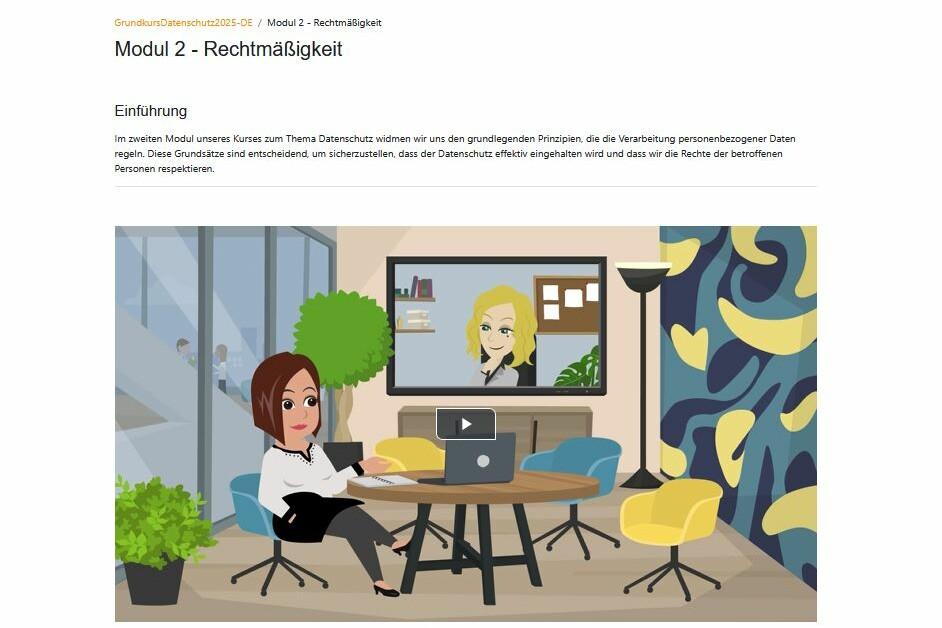 Screenshot eines Erklärvideos, in dem zwei Frauen miteinander reden, darüber die Überschrift "Modul 2 - Rechtmäßigkeit"