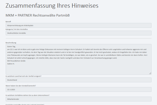 Screenshot Zusammenfassung des Hinweises Summary of a note with various completed fields such as name or date