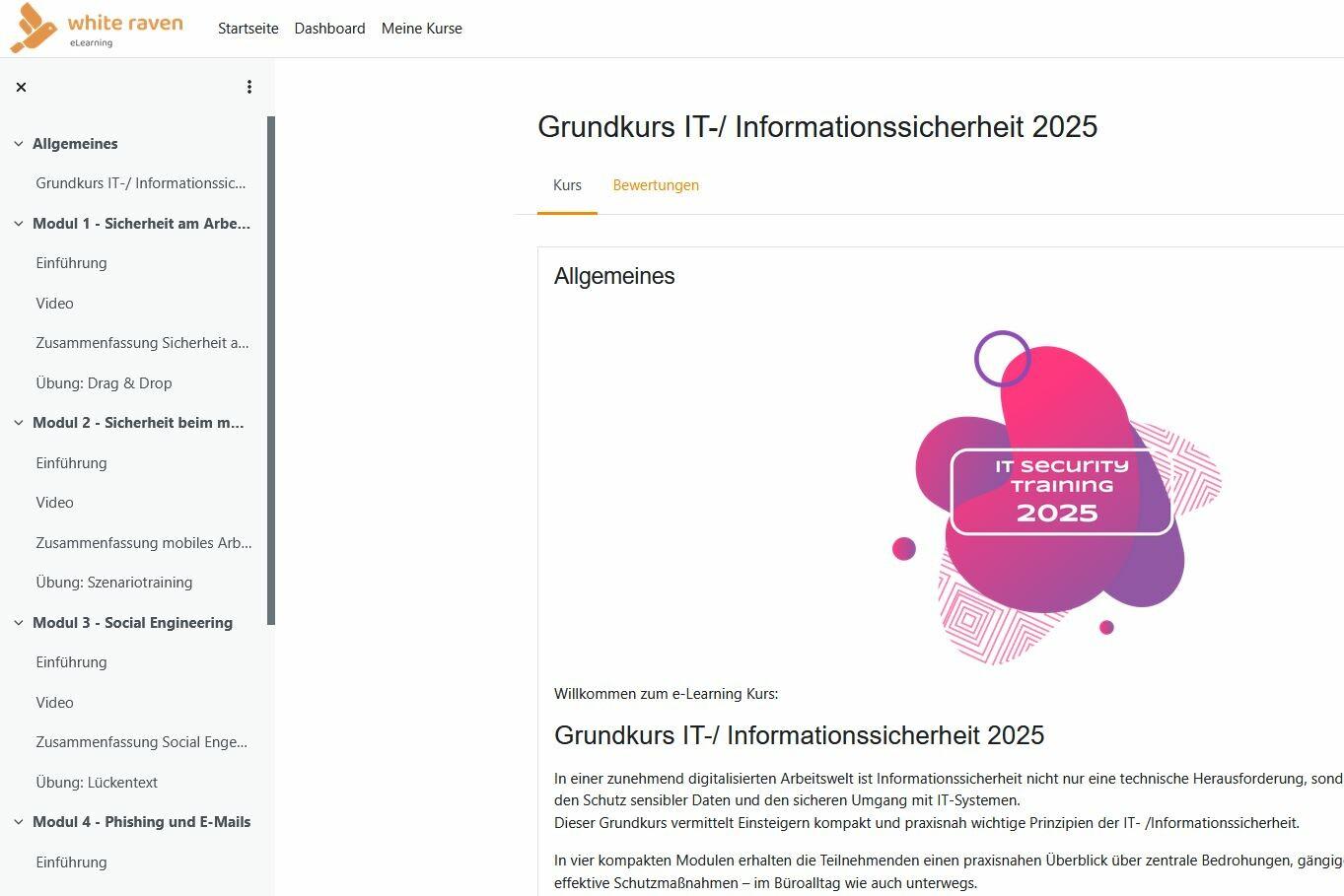 Screenshot, der an der linken Leiste eine Modulübersicht und rechts einen Einführungstext zeigt