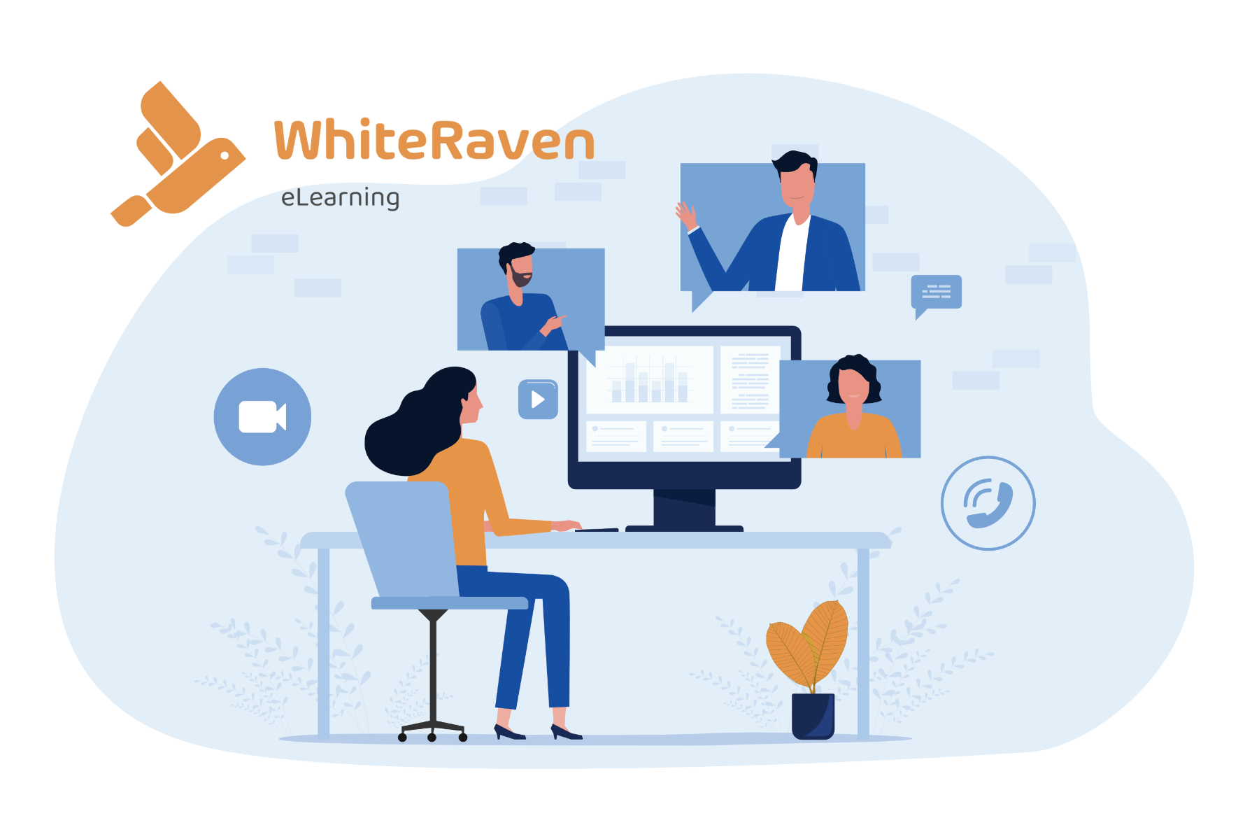 Eine Illustration mit einer Frau am Schreibtisch, die per Computer an einer Schulung teilnimmt