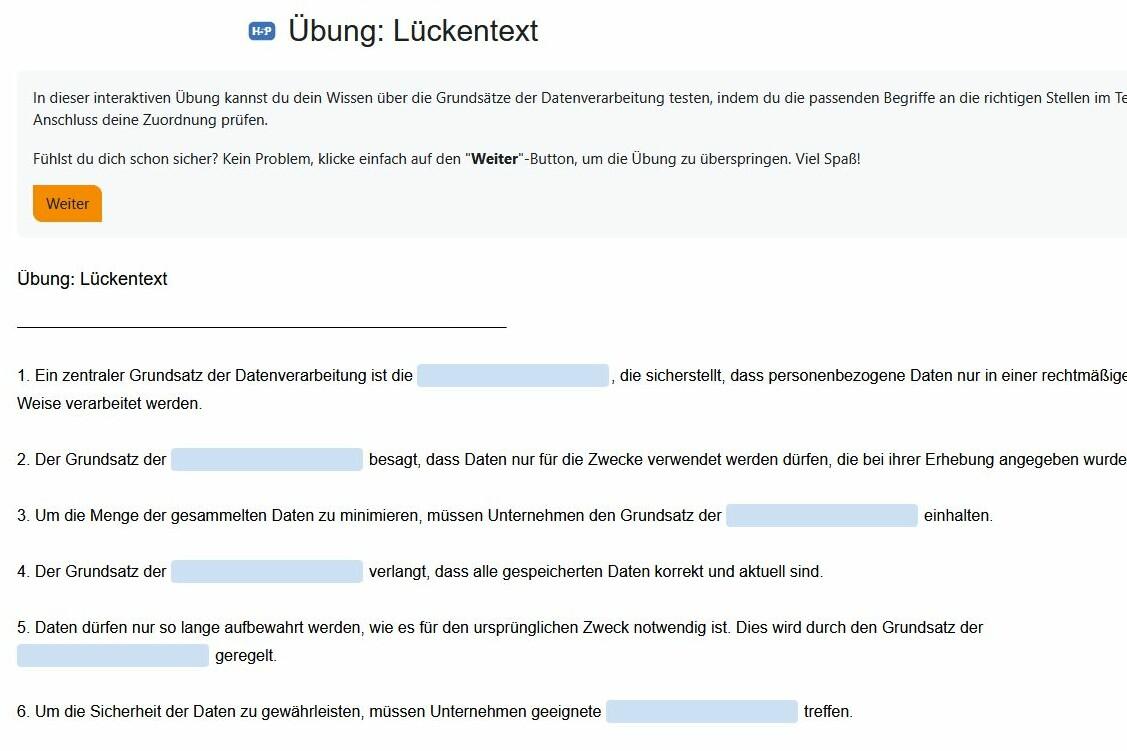 Screenshot eines Lückentextes