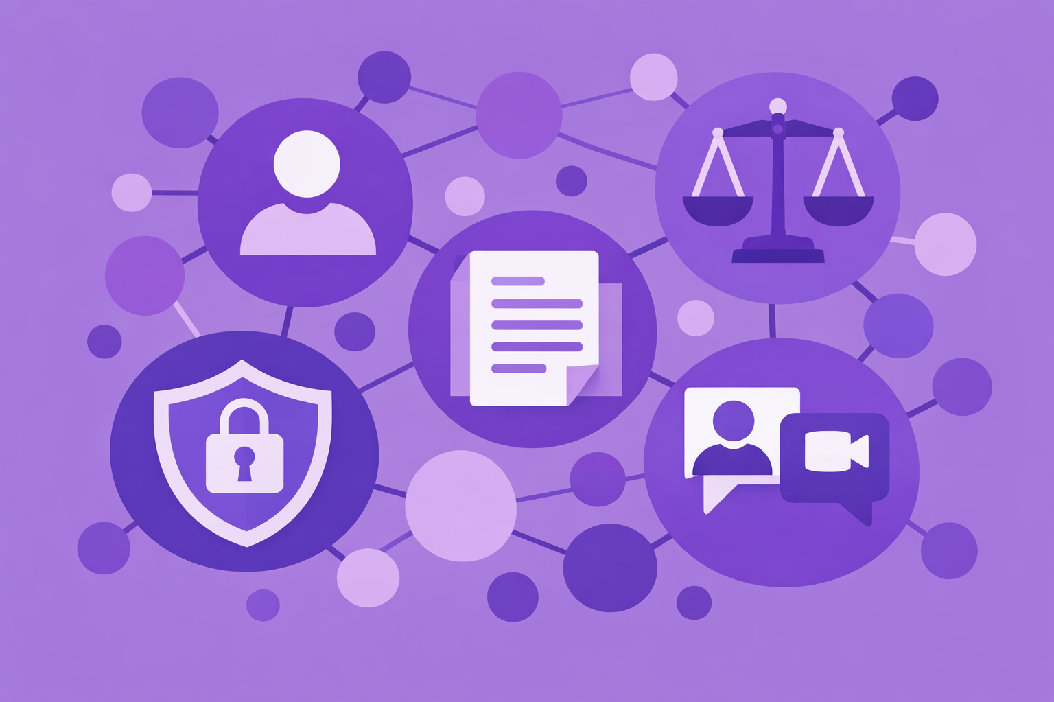 Datenschutzberatung Vorteile Mehrere Blasen, die Recht und Datenschutz symbolisieren, sind miteinander in einem Netzwerk verbunden