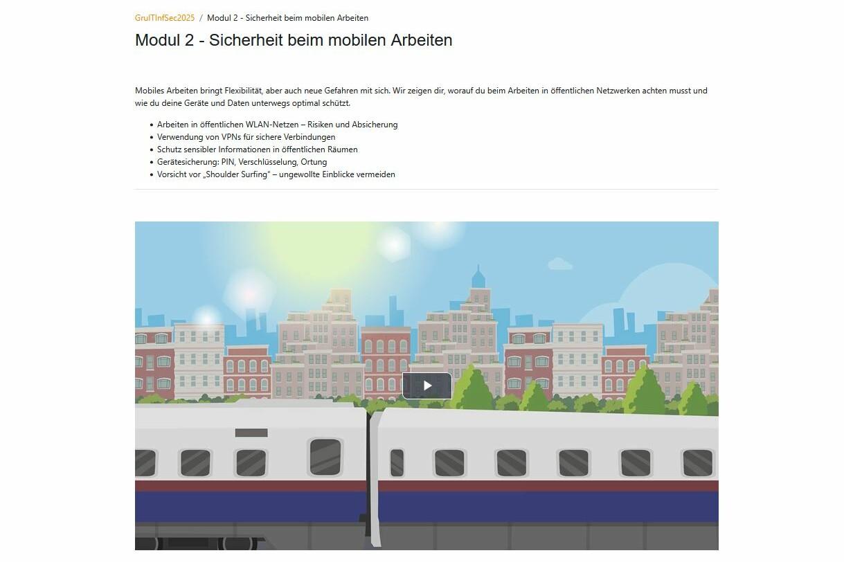Screenshot eines Videos mit einem Zug, darüber die Überschrift "Modul 2 - Sicherheit beim mobilen Arbeiten"