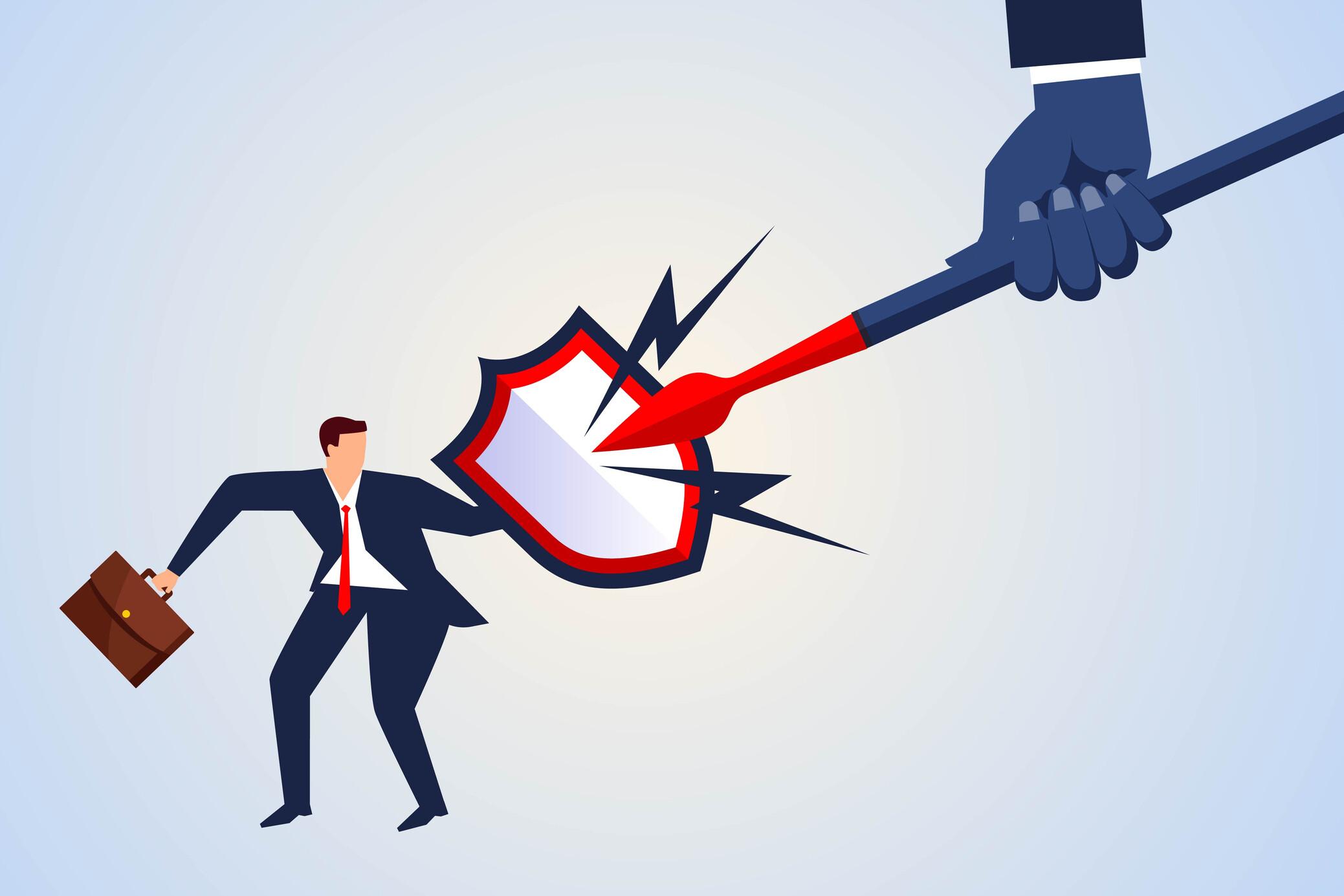 MKM unterstützt bei Datenpannen Person in a suit with briefcase defends against a spear with the help of a shield.