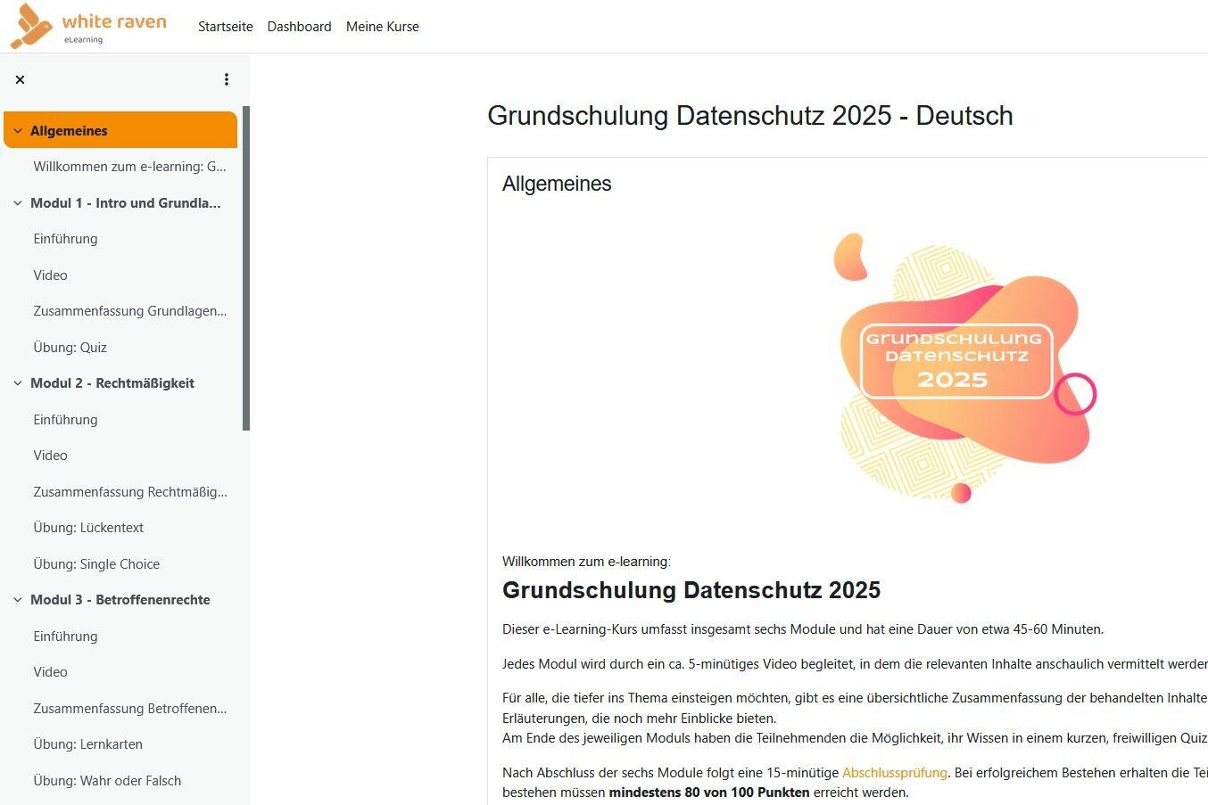 Ein Screenshot, der links eine Modul-Übersicht zeigt und rechts einen Einführungstext