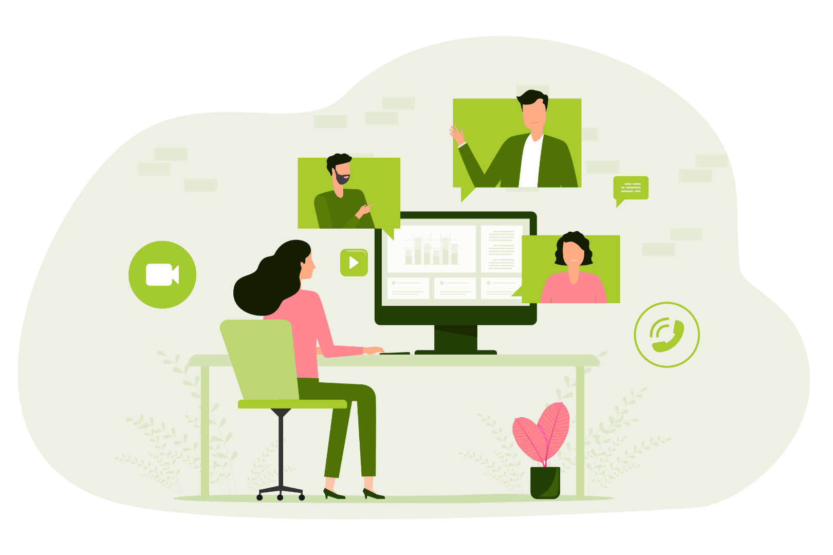 Eine Illustration mit einer Frau an einem Schreibtisch, die mithilfe ihres Computers mit anderen Menschen in Kontakt ist